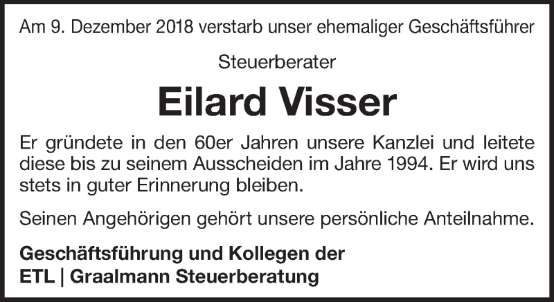  Traueranzeige für Eilard Visser vom 13.12.2018 aus 