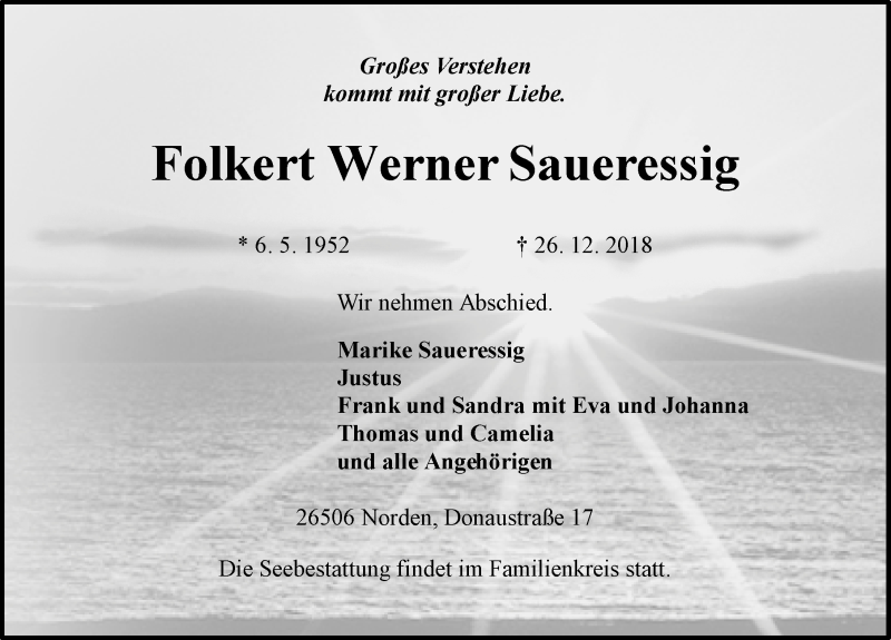  Traueranzeige für Folkert Werner Saueressig vom 29.12.2018 aus 