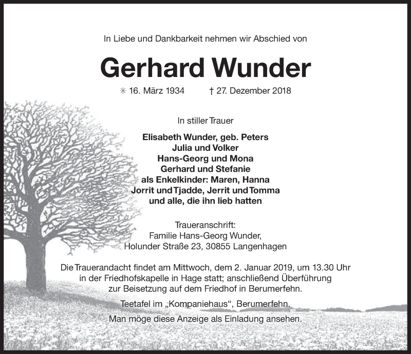  Traueranzeige für Gerhard Wunder vom 29.12.2018 aus 