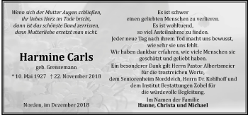 Traueranzeige von Harmine Carls 