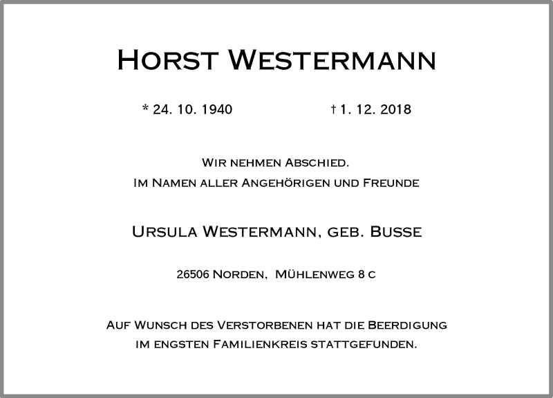  Traueranzeige für Horst Westermann vom 06.12.2018 aus 