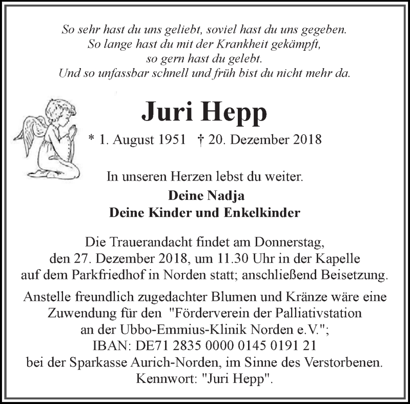  Traueranzeige für Juri Hepp vom 22.12.2018 aus 