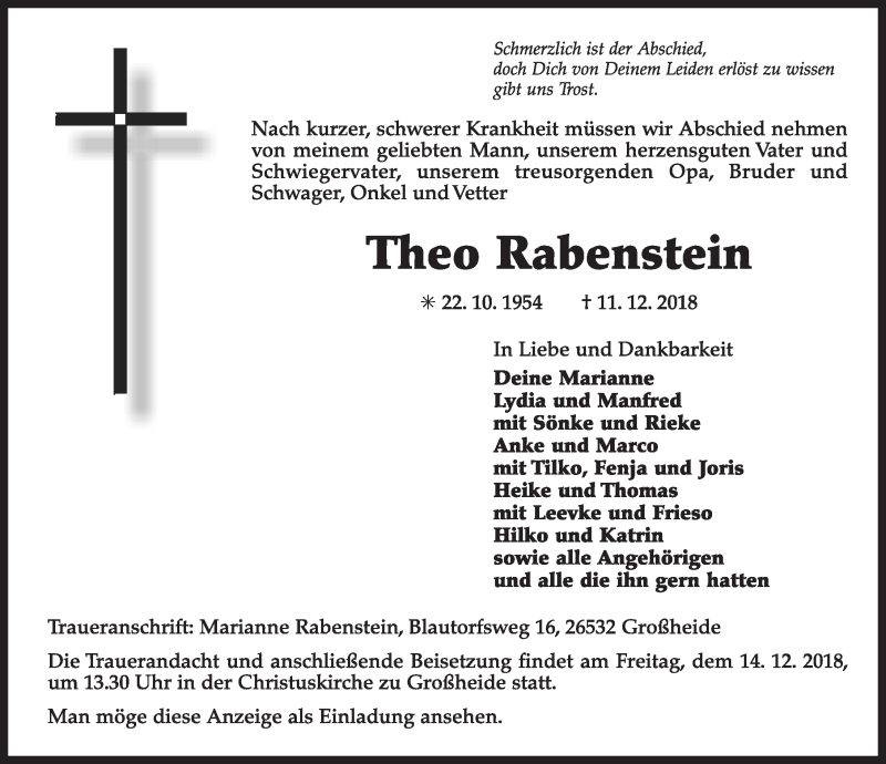  Traueranzeige für Theo Rabenstein vom 12.12.2018 aus 