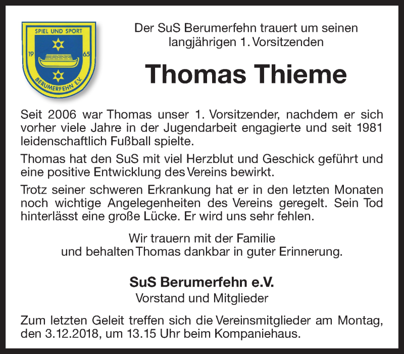  Traueranzeige für Thomas Thieme vom 01.12.2018 aus 