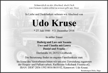 Traueranzeige von Udo Kruse 