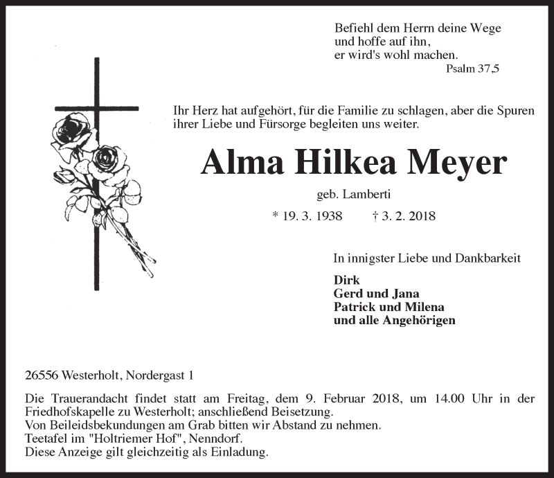  Traueranzeige für Alma Hilkea Meyer vom 06.02.2018 aus 