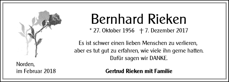  Traueranzeige für Bernhard Rieken vom 03.02.2018 aus 