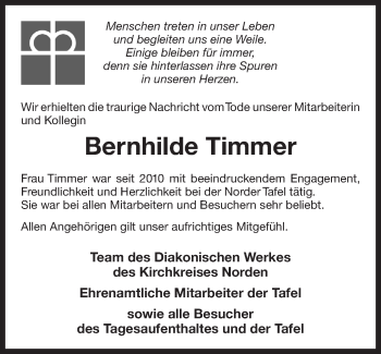 Traueranzeige von Bernhilde Timmer 