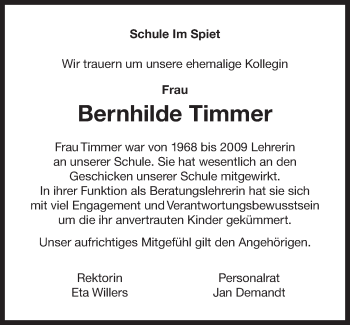 Traueranzeige von Bernhilde Timmer 
