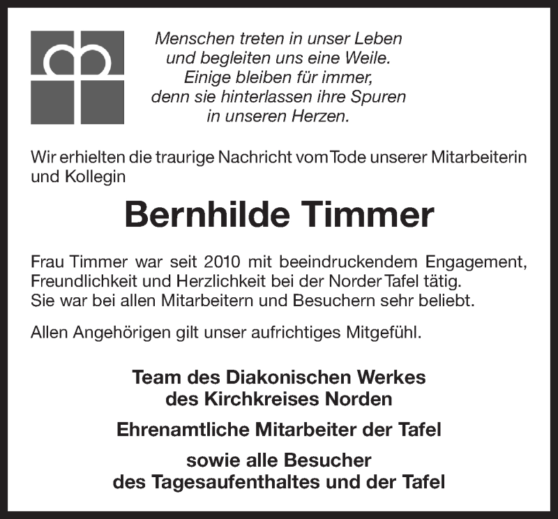 Traueranzeige für Bernhilde Timmer vom 13.02.2018 aus 