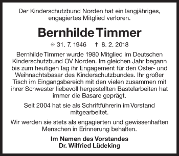 Traueranzeige von Bernhilde Timmer 