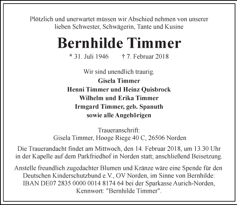  Traueranzeige für Bernhilde Timmer vom 10.02.2018 aus 