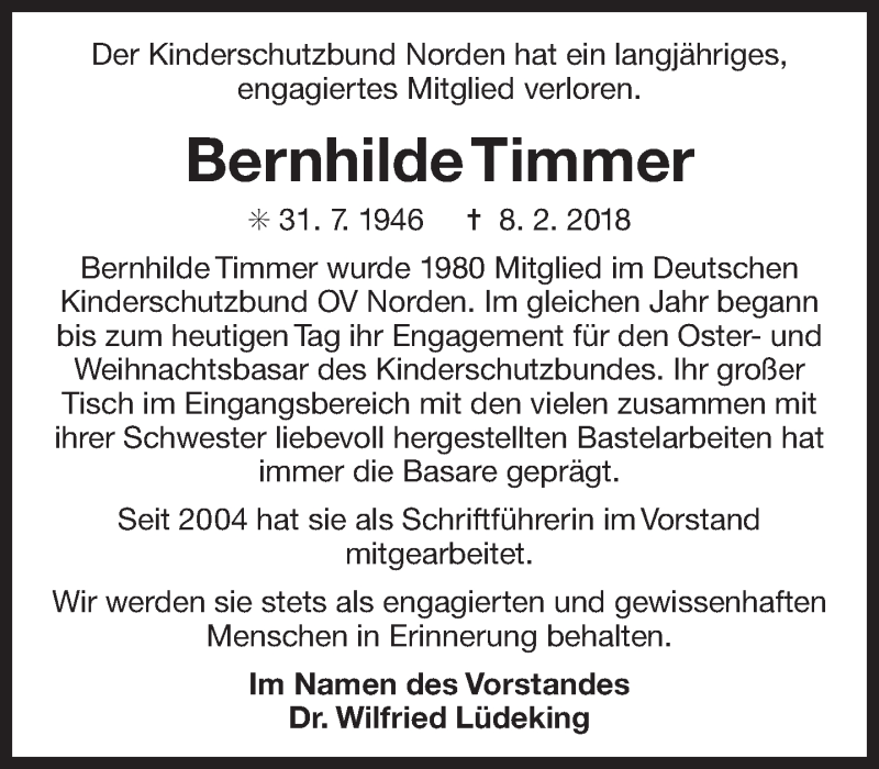  Traueranzeige für Bernhilde Timmer vom 12.02.2018 aus 