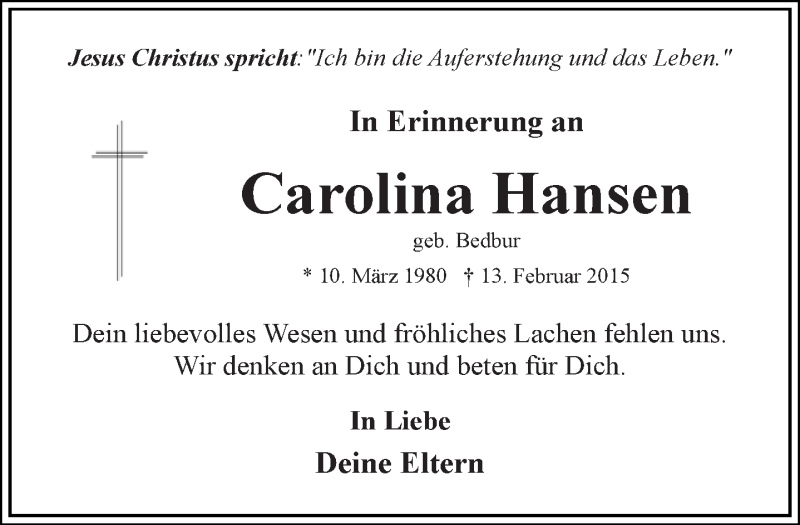  Traueranzeige für Carolina Hansen vom 13.02.2018 aus 