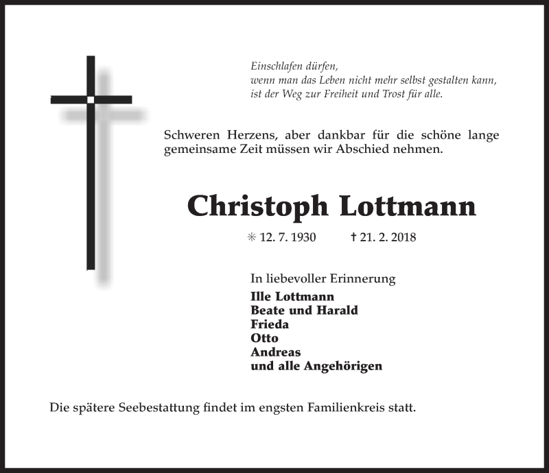 Traueranzeige für Christoph Lottmann vom 26.02.2018 aus 