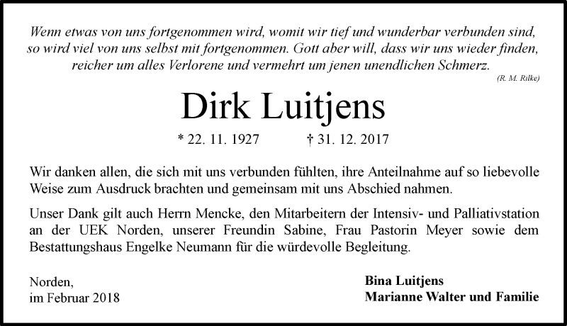  Traueranzeige für Dirk Luitjens vom 10.02.2018 aus 
