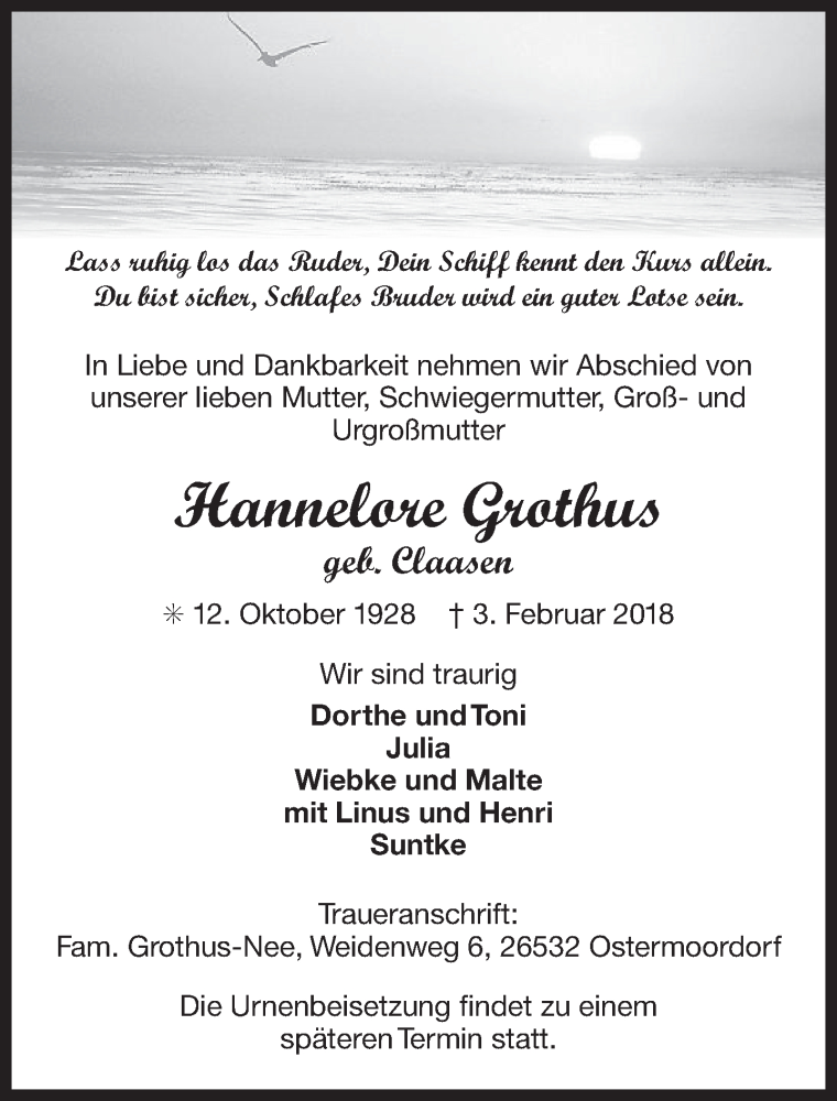  Traueranzeige für Hannelore Grothus vom 06.02.2018 aus 