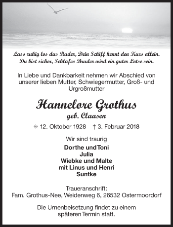 Traueranzeige von Hannelore Grothus 
