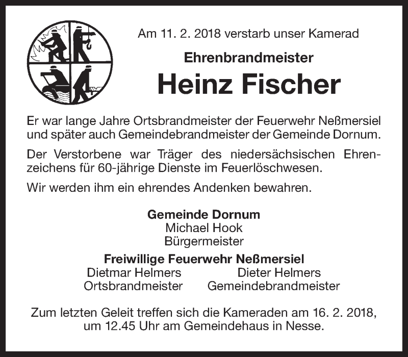  Traueranzeige für Heinz Fischer vom 13.02.2018 aus 
