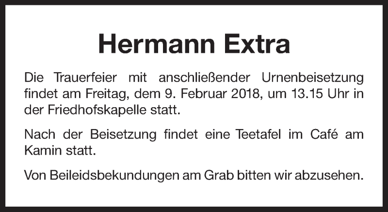  Traueranzeige für Hermann Extra vom 06.02.2018 aus 