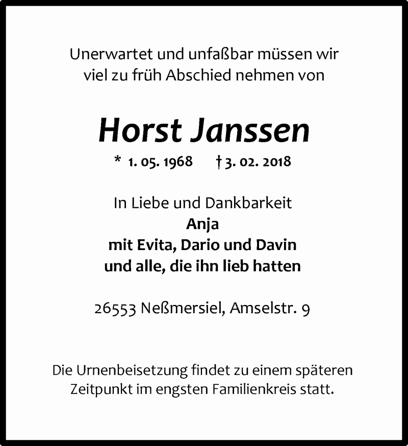  Traueranzeige für Horst Janssen vom 06.02.2018 aus 