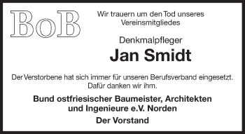 Traueranzeige von Jan Smidt 