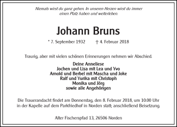 Traueranzeige von Johann Bruns 