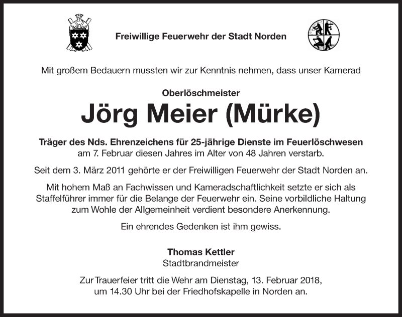  Traueranzeige für Jörg Meier vom 10.02.2018 aus 