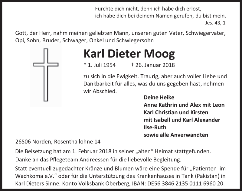  Traueranzeige für Karl Dieter Moog vom 10.02.2018 aus 