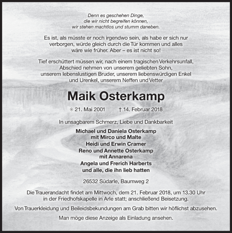  Traueranzeige für Maik Osterkamp vom 19.02.2018 aus 