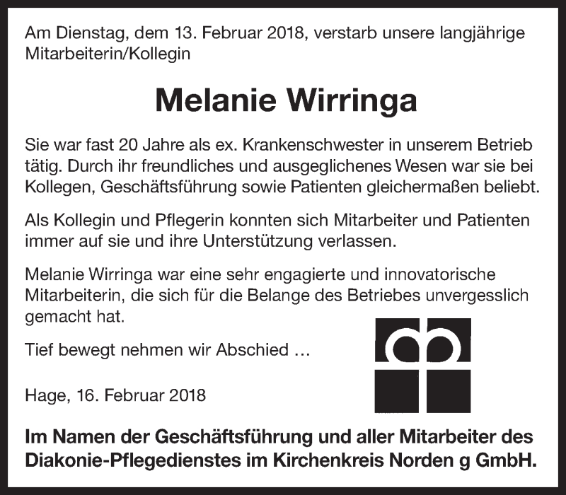  Traueranzeige für Melanie Wirringa vom 16.02.2018 aus 