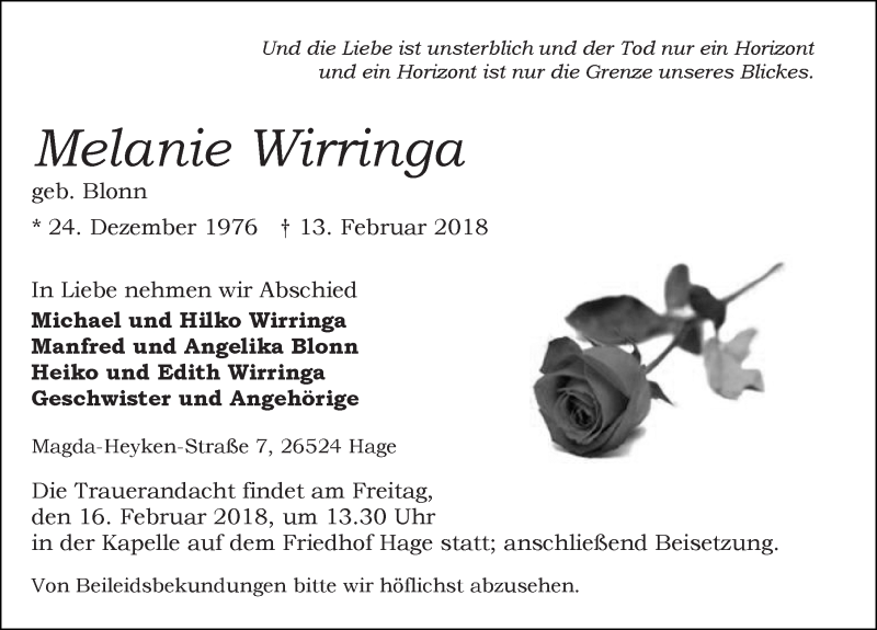  Traueranzeige für Melanie Wirringa vom 14.02.2018 aus 