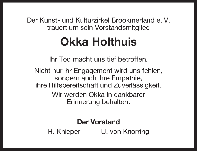  Traueranzeige für Okka Holthuis vom 24.02.2018 aus 
