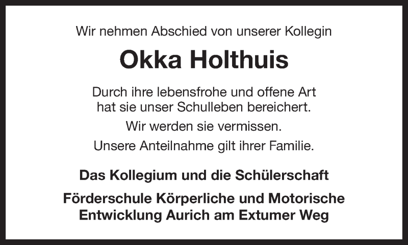  Traueranzeige für Okka Holthuis vom 27.02.2018 aus 