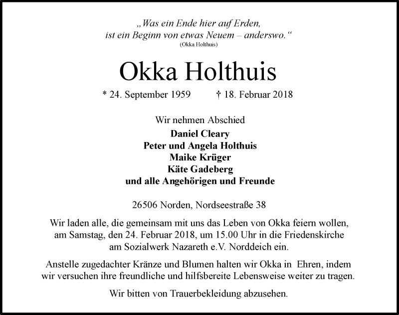  Traueranzeige für Okka Holthuis vom 20.02.2018 aus 