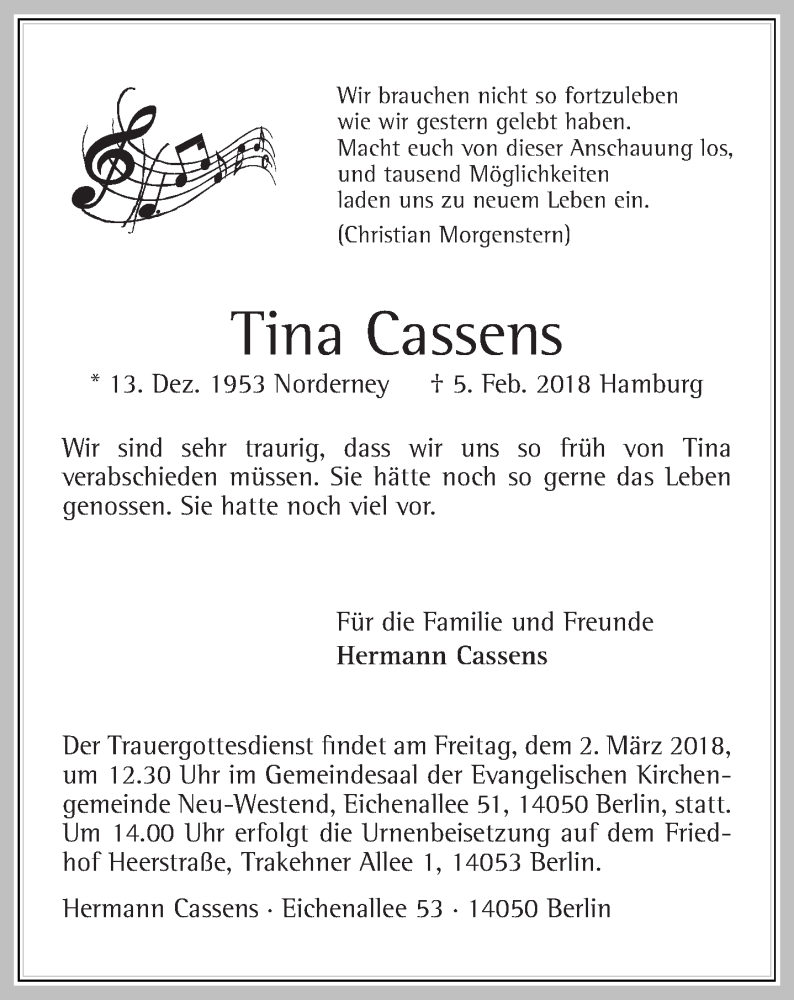  Traueranzeige für Tina Cassens vom 23.02.2018 aus 