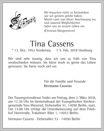 Traueranzeige von Tina Cassens 
