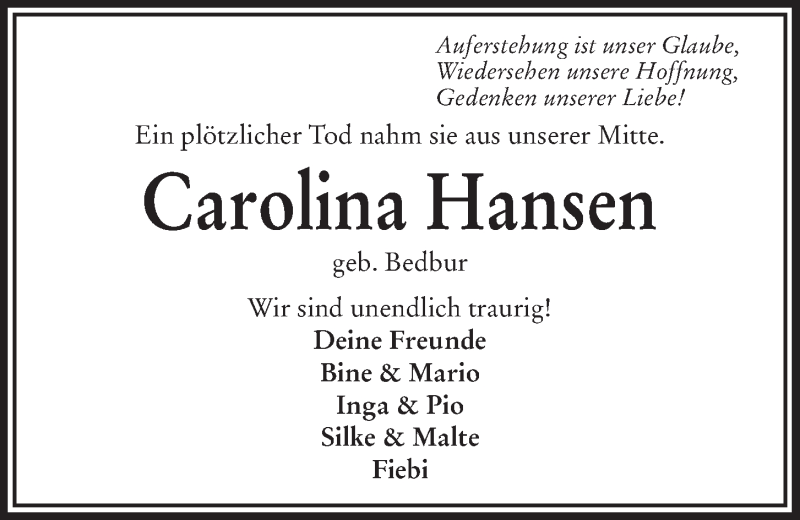  Traueranzeige für Carolina Hansen vom 18.02.2015 aus Kieler Nachrichten