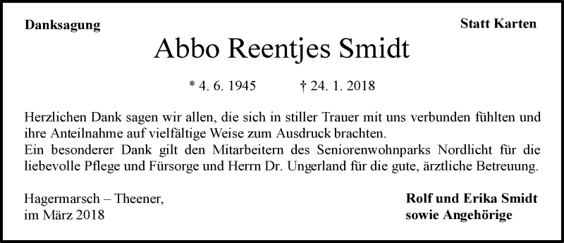  Traueranzeige für Abbo Reentjes Smidt vom 10.03.2018 aus 