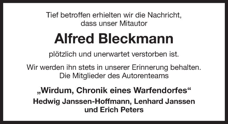  Traueranzeige für Alfred Bleckmann vom 08.03.2018 aus 