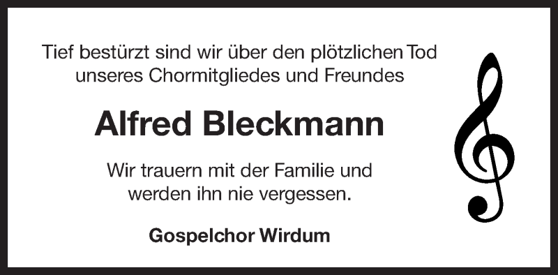  Traueranzeige für Alfred Bleckmann vom 08.03.2018 aus 