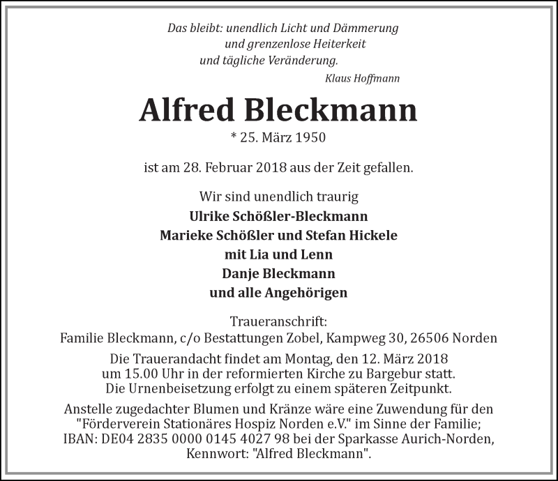 Traueranzeige für Alfred Bleckmann vom 07.03.2018 aus 