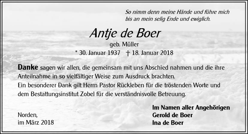  Traueranzeige für Anje de Boer vom 17.03.2018 aus 