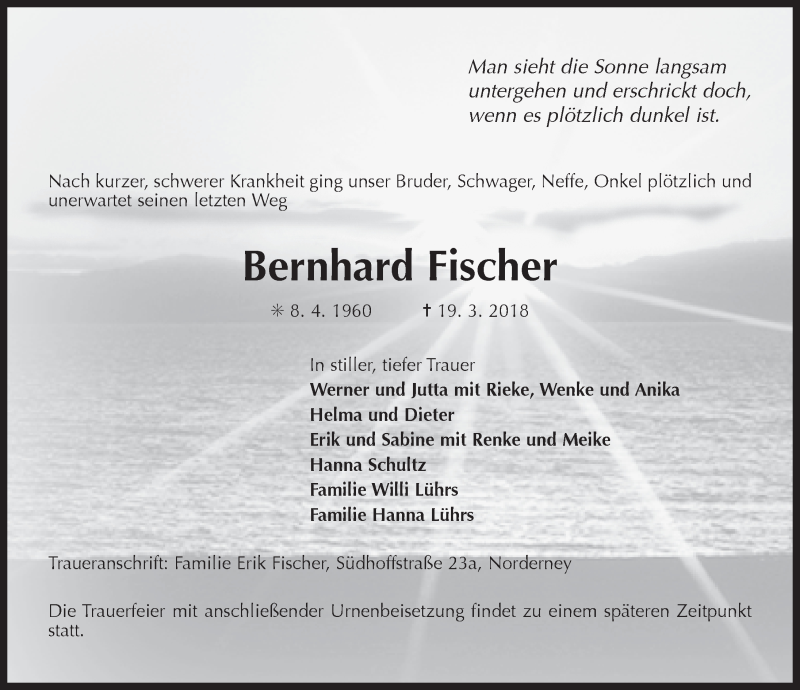  Traueranzeige für Bernhard Fischer vom 22.03.2018 aus 