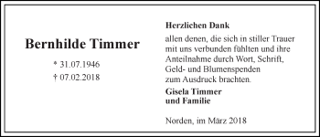 Traueranzeige von Bernhilde Timmer 