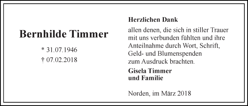  Traueranzeige für Bernhilde Timmer vom 24.03.2018 aus 