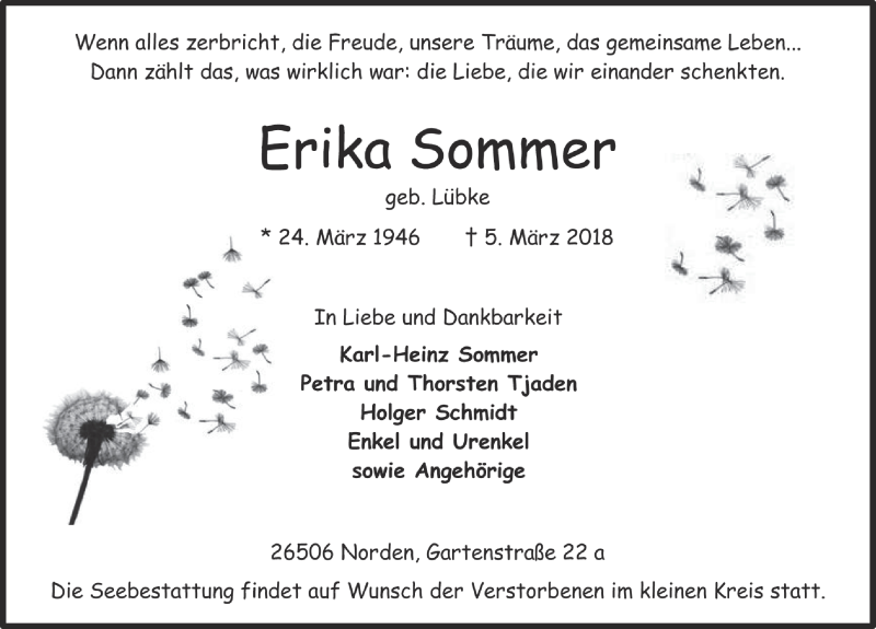  Traueranzeige für Erika Sommer vom 10.03.2018 aus 