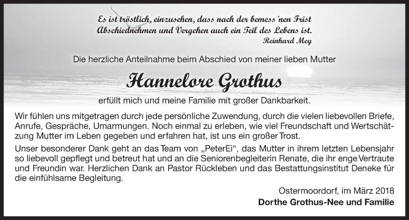  Traueranzeige für Hannelore Grothus vom 17.03.2018 aus 