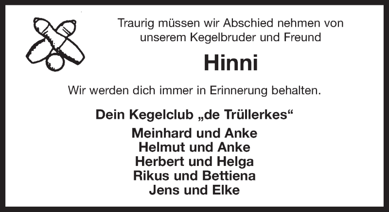  Traueranzeige für Hinni  vom 17.03.2018 aus 