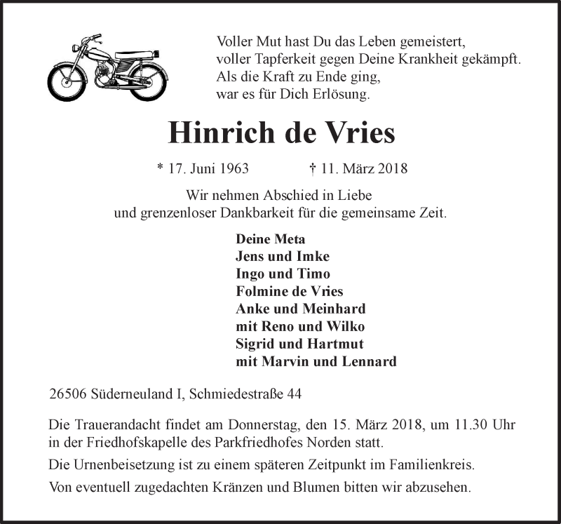  Traueranzeige für Hinrich de Vries vom 13.03.2018 aus 